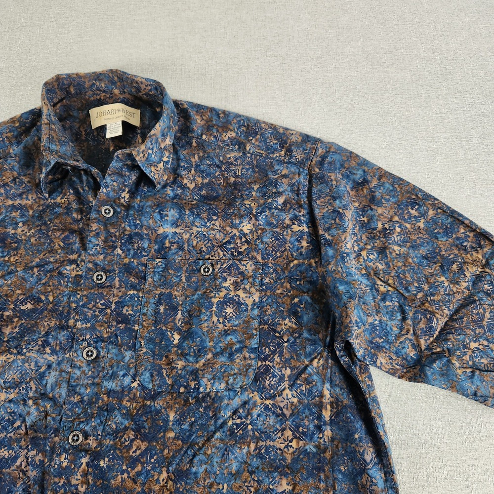 Johari West Mens XL Hawaiian Blue Brown Batik Cotton Long Sleeve Button Resort